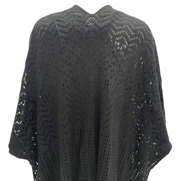 Bebe Blk Knit Poncho Fringe Boho Chic Open Front Lightweight Cover-Up Festival - Picture 3 of 9